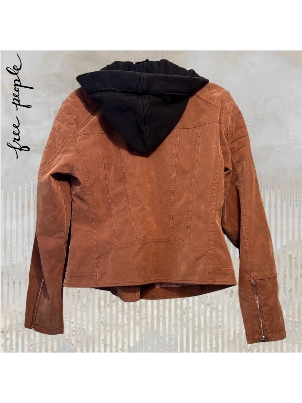 FREE PEOPLE NWT Harriett Moto-Style Brown Vegan Suede, Black Hood Jacket/Md - Picture 12 of 16